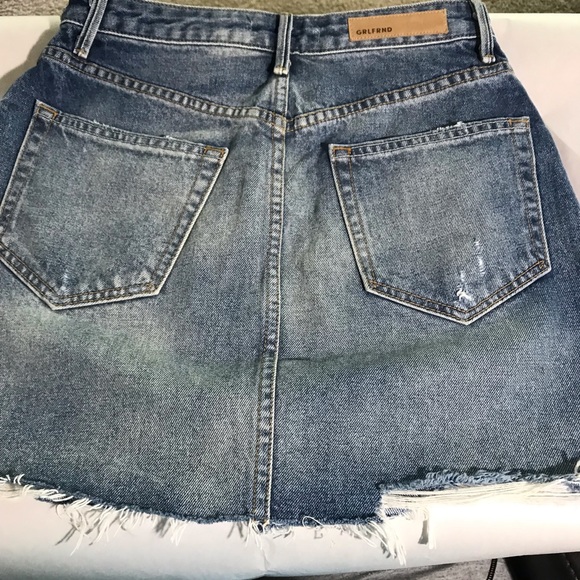 GRLFRND Denim Mini Jean Skirt Distressed Frayed Hem Offset Front Hem Size 26 - Picture 4 of 6